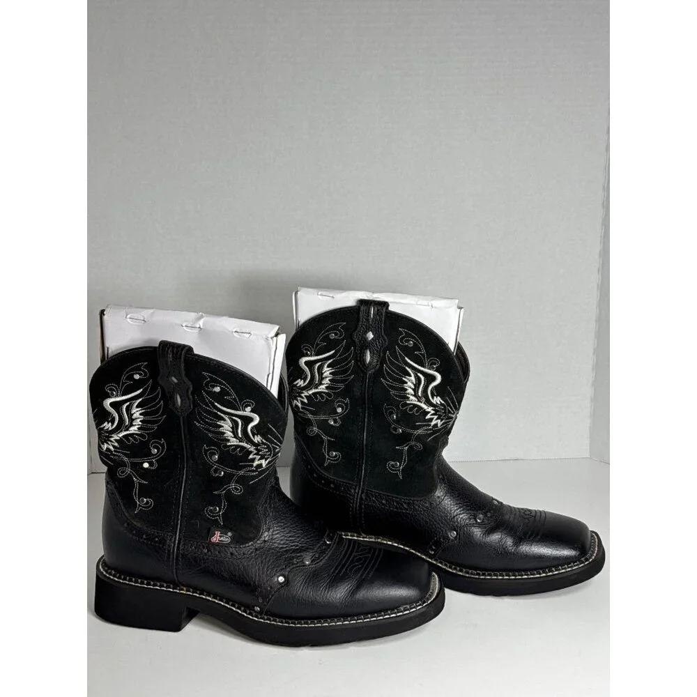 Justin Boots Black Gypsy Embroidered Square Toe Western L9977 Womens 8.5B - Picture 2 of 16